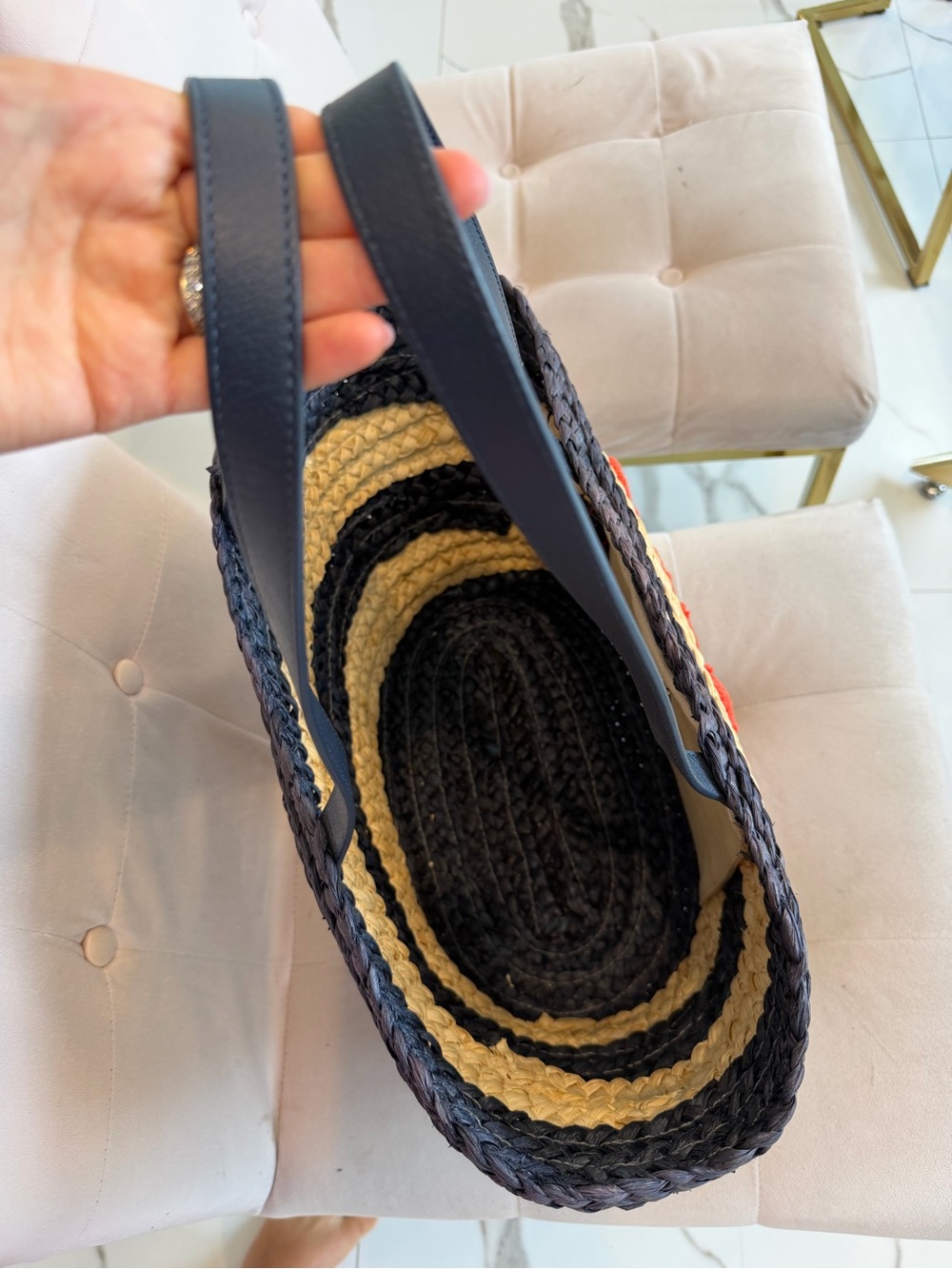 Sold Out Kate Spade Navy Natural & Orange Script “Out & About” Straw Stripe Tote - Picture 4 of 10